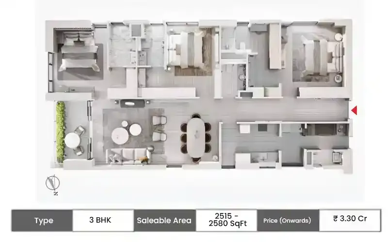 PS Sansara 3 BHK floor plan, 2515 sq ft saleable area